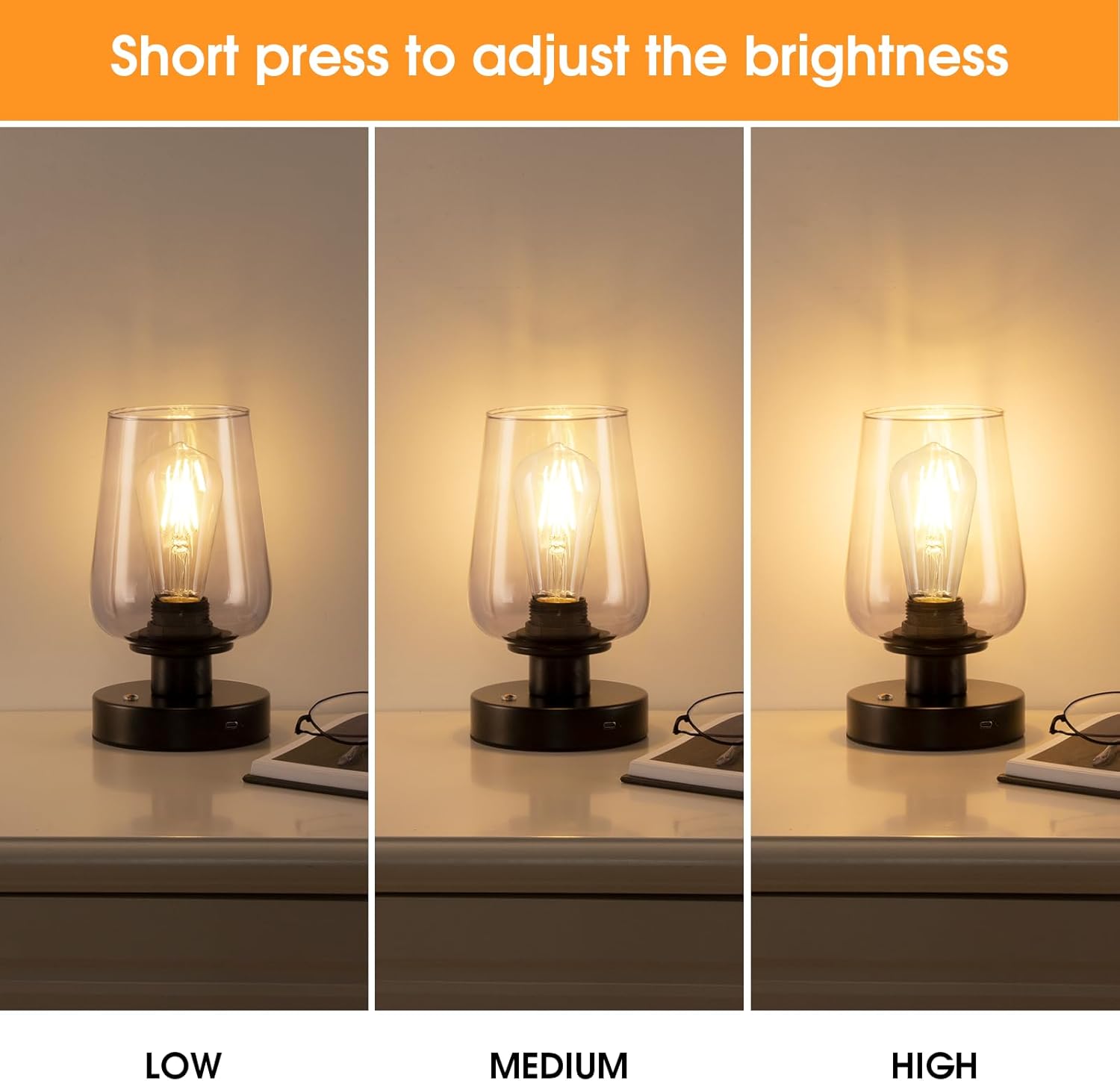FOLKSMATE Cordless Bedside Table Lamp - Rechargeable Touch Nightstand Light with 3 Dimmable Levels, LED Bulb, Battery Operated Home Lamp