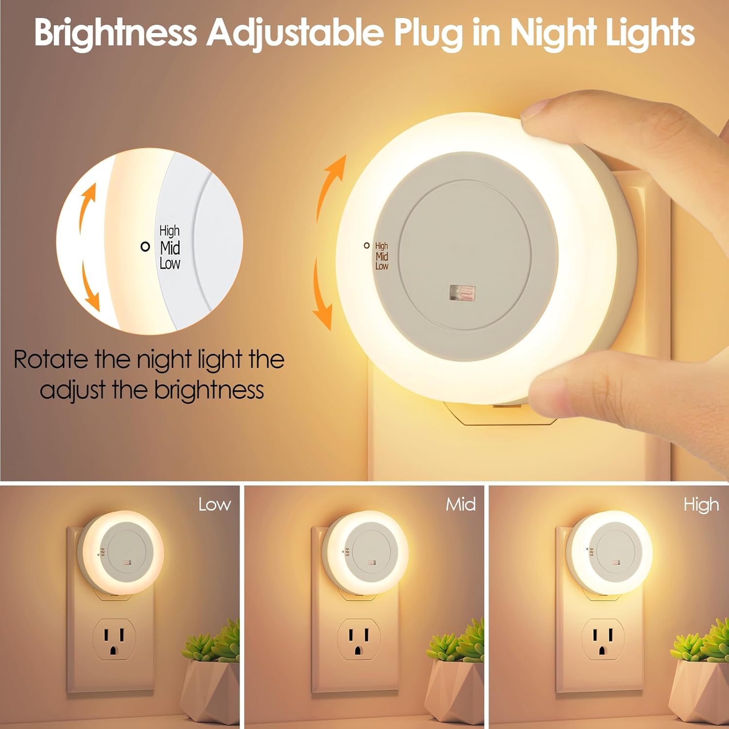 FOLKSMATE LED Night Lights Plug in, Dimmable Nightlight with Light Sensor, Soft White Adjustable, 2-Pack for Adults in Bedroom or Bathroom
