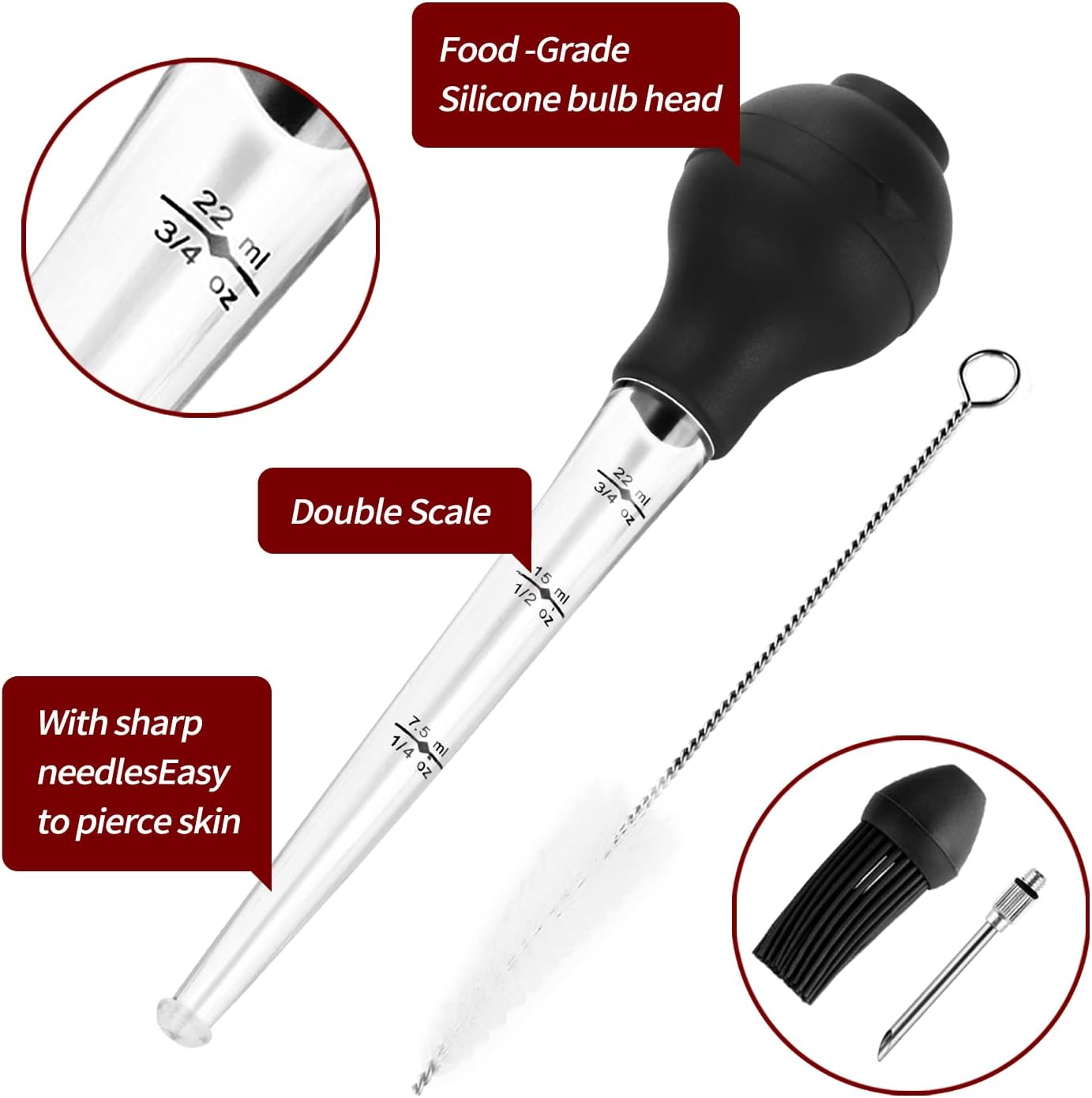 Food Grade Turkey Baster Set for Cooking & Basting with Detachable Round Bulb - Ideal for Meat, Poultry, Beef, Chicken - Includes Cleaning Brush, Inject Needle, Basting Brush