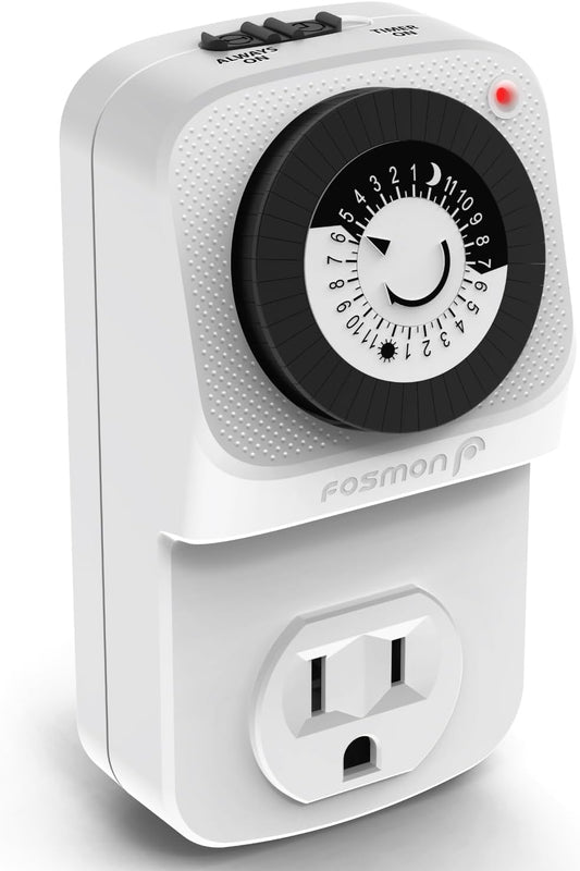 Fosmon Indoor Mechanical Light Timer Switch for Outlets - Programmable 24 Hour Electric Wall Plug for Reptile, Grow Light, Lamp, Fan, Aquarium - ETL Listed