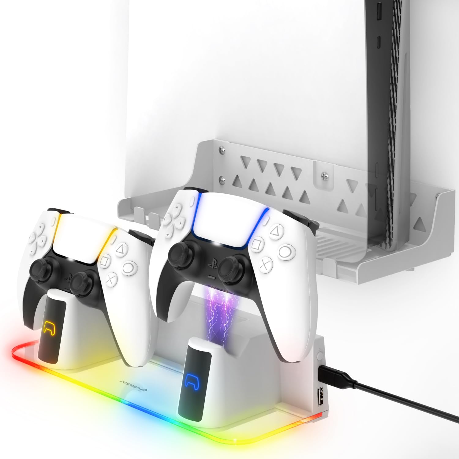 Fosmon PS5 Wall Mount Kit with Fast Charging Station, RGB Light & Metal Stand - Compatible with All PS5 Models (Slim & Pro)