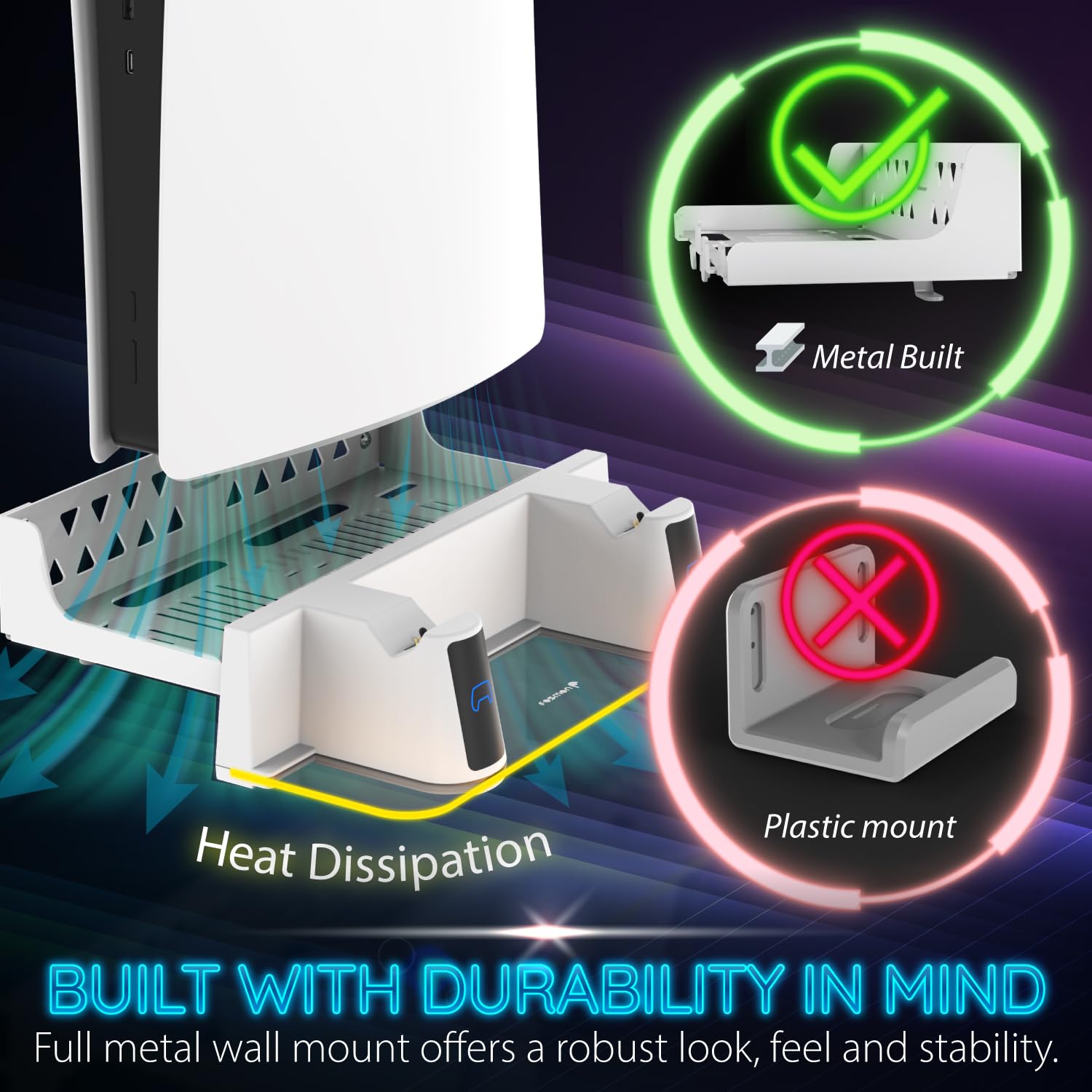 Fosmon PS5 Wall Mount Kit with Fast Charging Station, RGB Light & Metal Stand - Compatible with All PS5 Models (Slim & Pro)