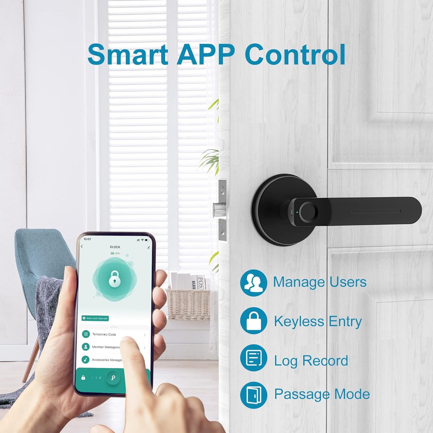 Foxgard Biometric Door Lock with Smart APP Control - Fingerprint Knob Remote for Home/Bedroom/Office/Apartment/Airbnb - Black