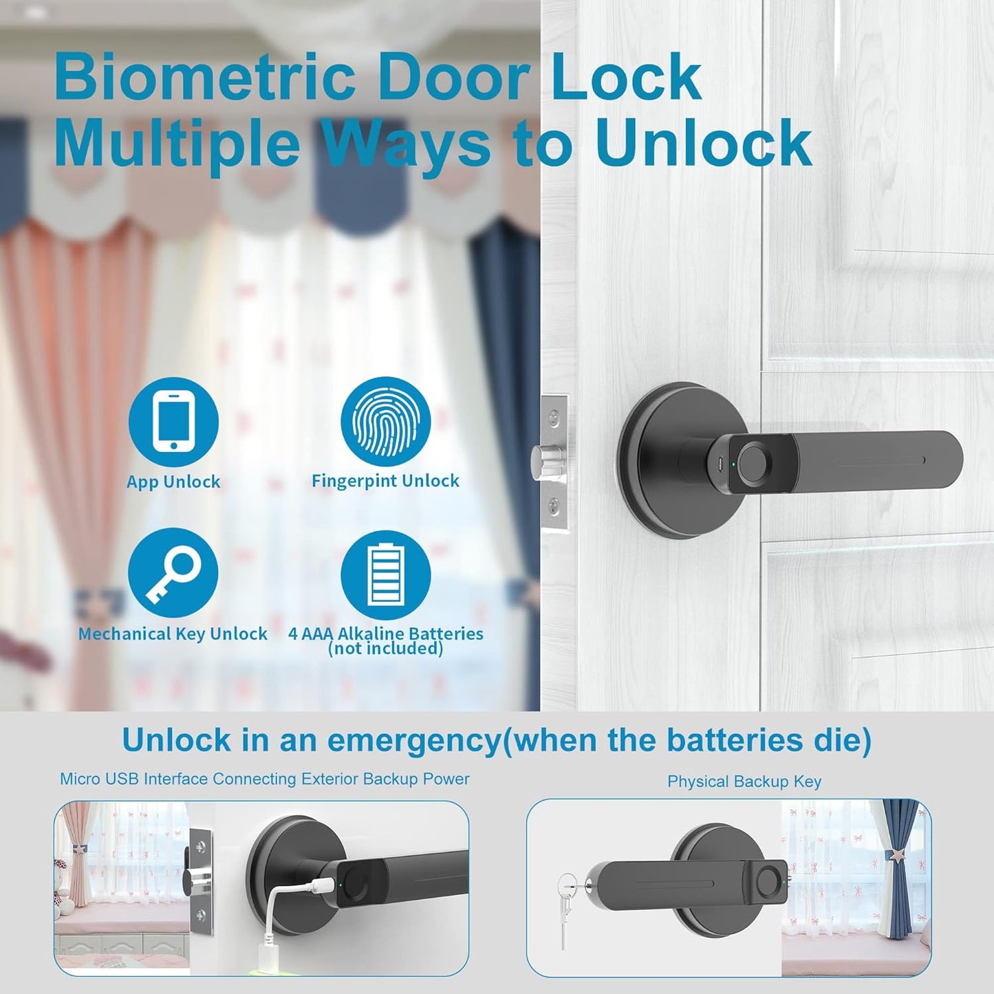 Foxgard Biometric Door Lock with Smart APP Control - Fingerprint Knob Remote for Home/Bedroom/Office/Apartment/Airbnb - Black