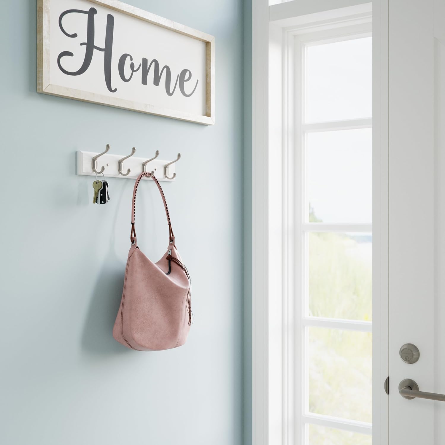 Franklin Brass Casual Curve Wall Mounted Coat Rack with 4 Nickel Hooks, 16 inches, Pure White Finish