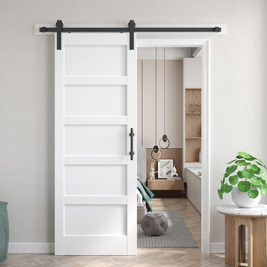 Fredbeck 32inx80in White Barn Door and 5.5FT Sliding Barn Door Hardware Kit Included,Solid,MDF, PVC Surface,DIY Assembly,5-Panel,Fit 29in-31in Opening