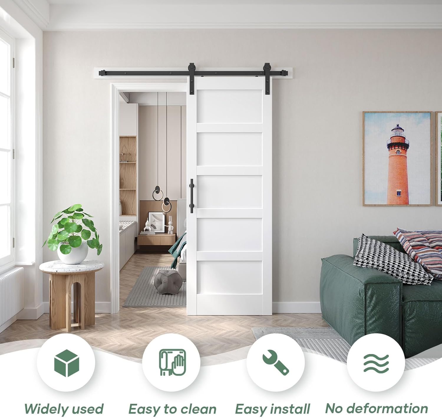 Fredbeck 32inx80in White Barn Door and 5.5FT Sliding Barn Door Hardware Kit Included,Solid,MDF, PVC Surface,DIY Assembly,5-Panel,Fit 29in-31in Opening