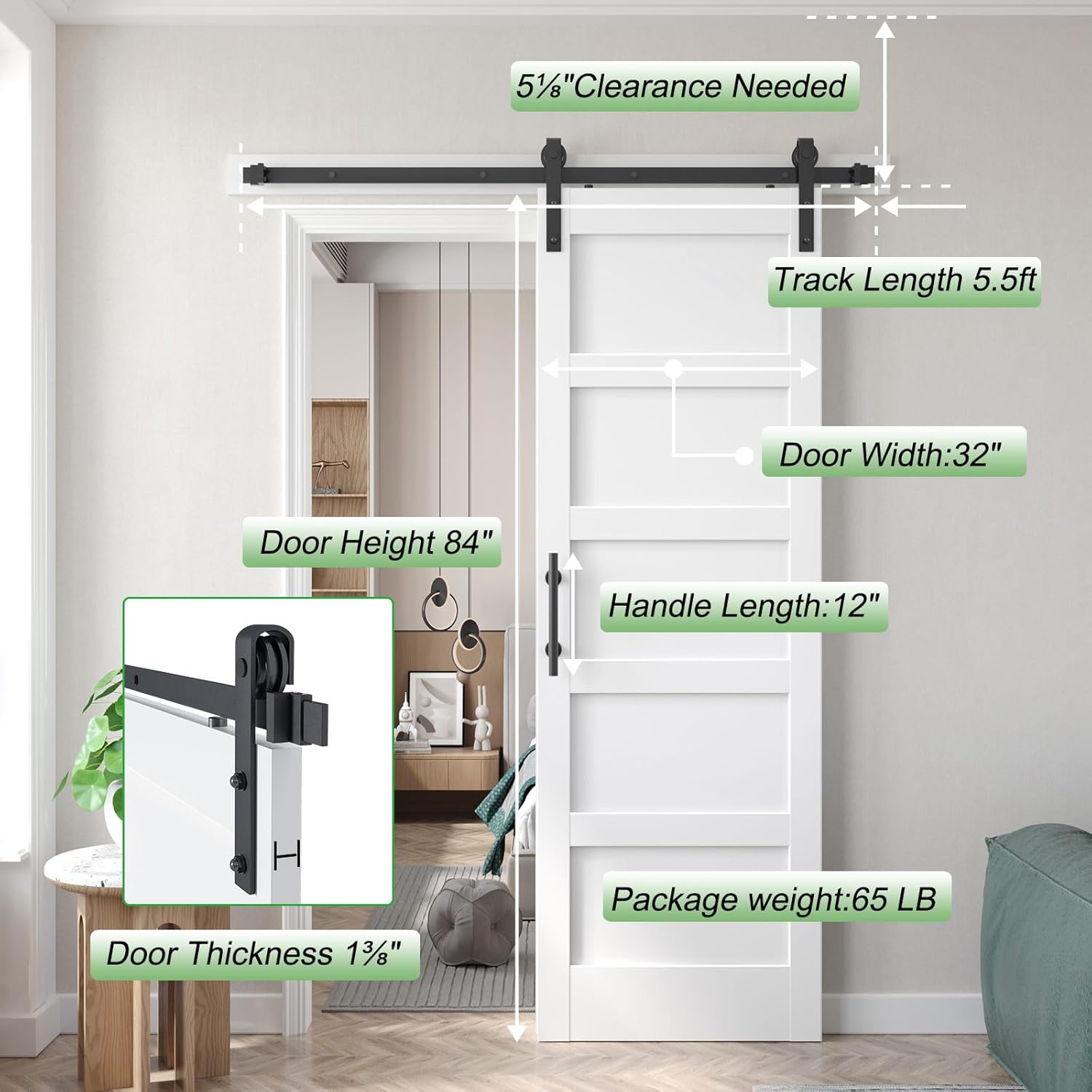 Fredbeck 32inx80in White Barn Door and 5.5FT Sliding Barn Door Hardware Kit Included,Solid,MDF, PVC Surface,DIY Assembly,5-Panel,Fit 29in-31in Opening