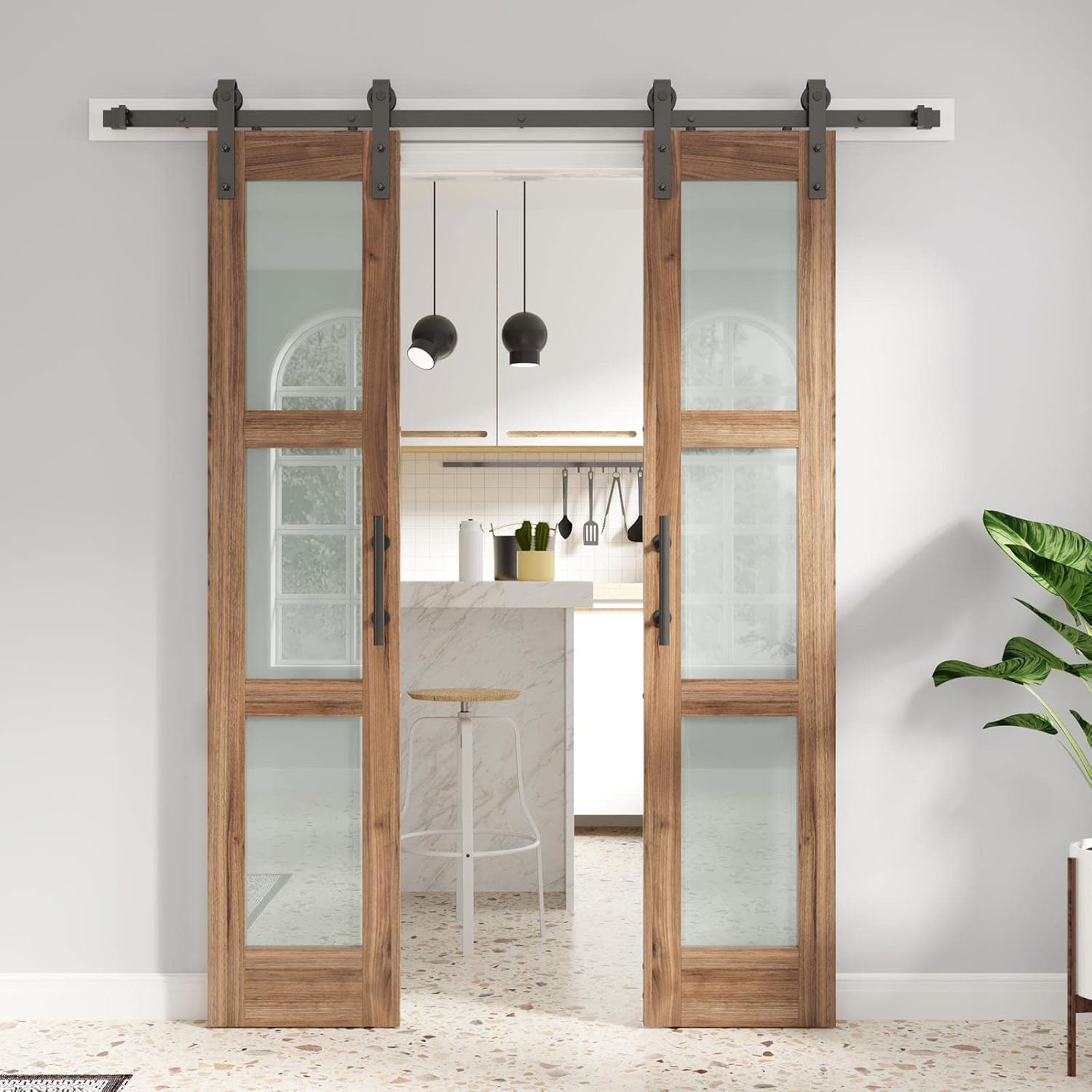 FREDBECK Double Glass Barn Doors with Hardware Kit - 18 x 84 inch Panels, 36 inch Door, 3-Panel Frosted Glass, Water-Proof Surface