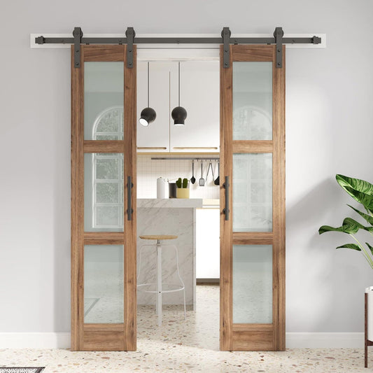 FREDBECK Double Glass Barn Doors with Hardware Kit - 18 x 84 inch Panels, 36 inch Door, 3-Panel Frosted Glass, Water-Proof Surface