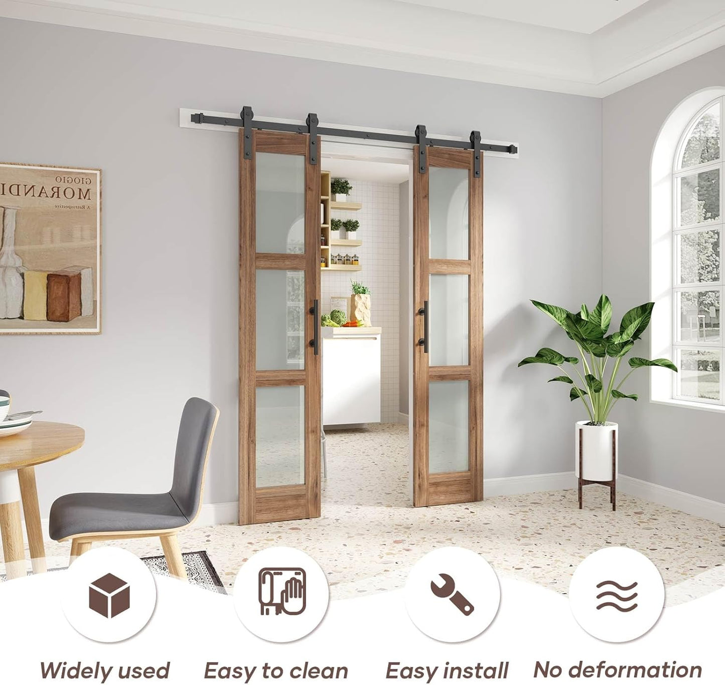 FREDBECK Double Glass Barn Doors with Hardware Kit - 18 x 84 inch Panels, 36 inch Door, 3-Panel Frosted Glass, Water-Proof Surface