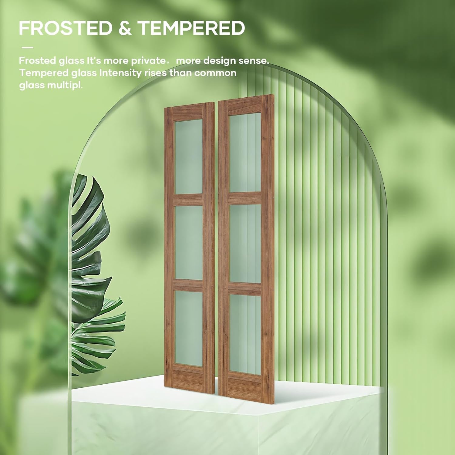 FREDBECK Double Glass Barn Doors with Hardware Kit - 18 x 84 inch Panels, 36 inch Door, 3-Panel Frosted Glass, Water-Proof Surface