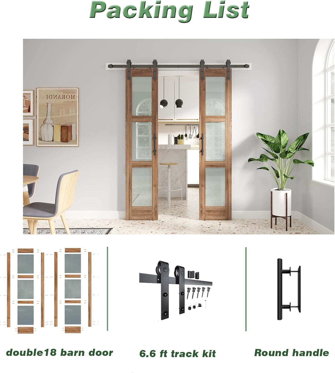 FREDBECK Double Glass Barn Doors with Hardware Kit - 18 x 84 inch Panels, 36 inch Door, 3-Panel Frosted Glass, Water-Proof Surface