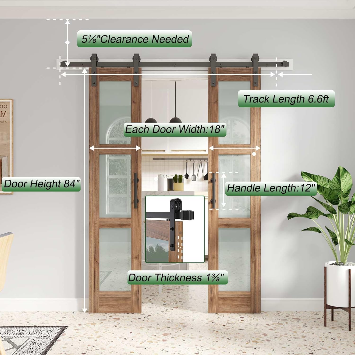 FREDBECK Double Glass Barn Doors with Hardware Kit - 18 x 84 inch Panels, 36 inch Door, 3-Panel Frosted Glass, Water-Proof Surface