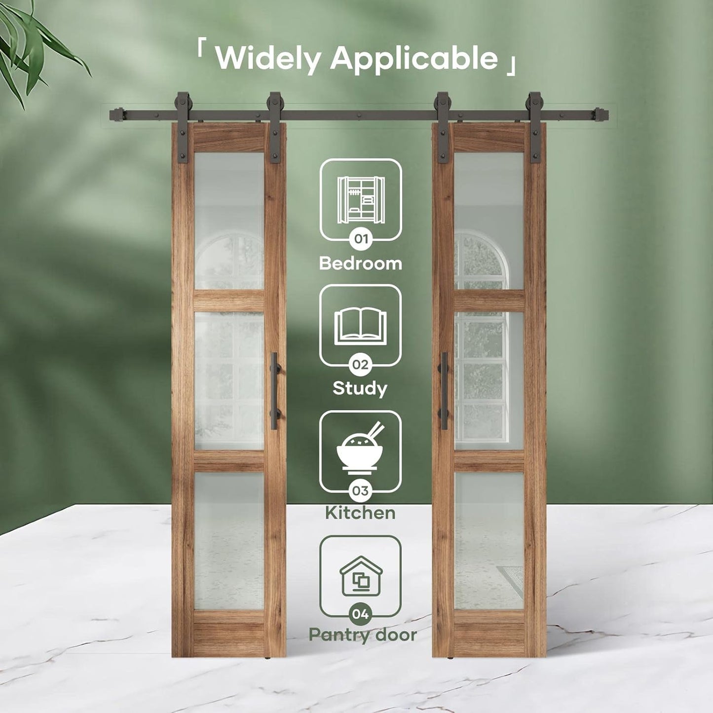 FREDBECK Double Glass Barn Doors with Hardware Kit - 18 x 84 inch Panels, 36 inch Door, 3-Panel Frosted Glass, Water-Proof Surface