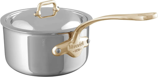 French-made Mauviel M'Cook B 5-Ply Stainless Steel Sauce Pan, 1.8-qt, Polished with Lid & Brass Handle