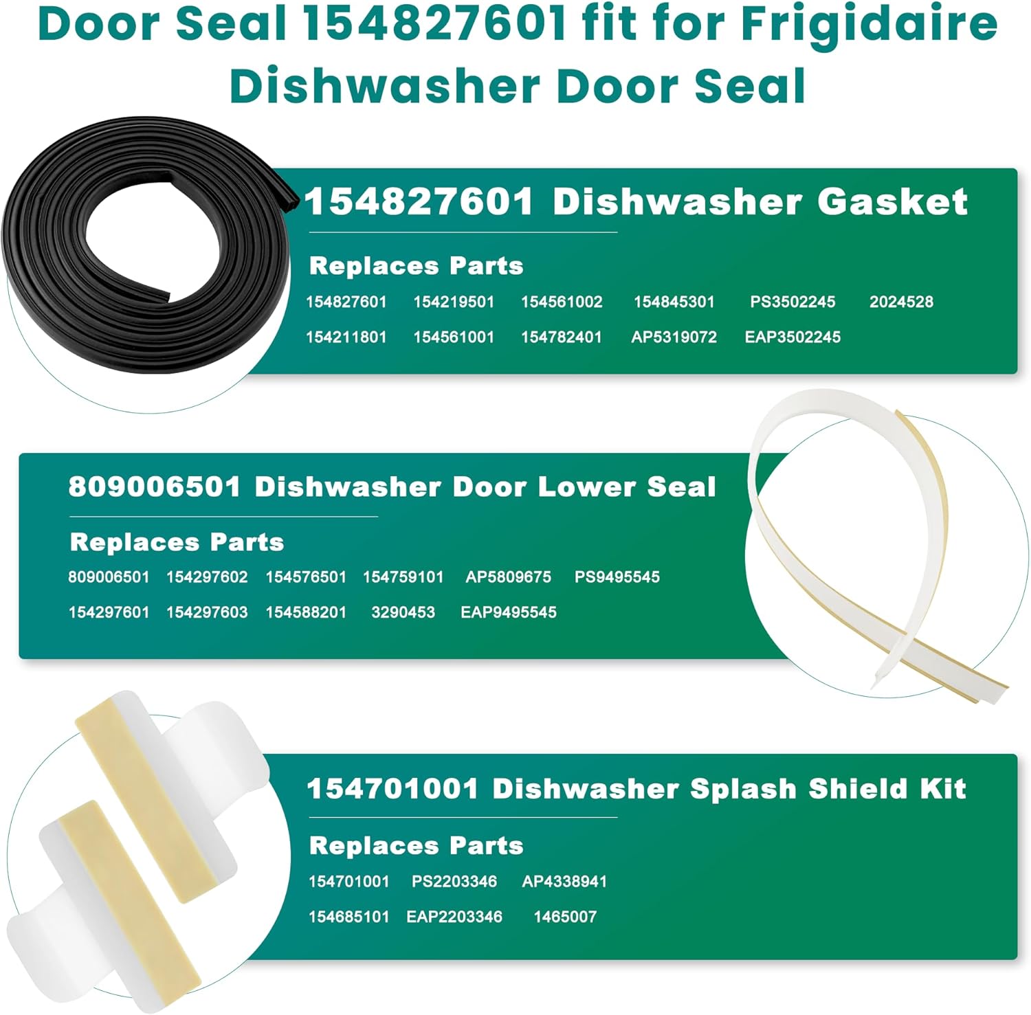 Frigidaire Gallery Kenmore Electrolux Dishwasher Door Seal Gasket Replacement Kit - Door Gasket, Lower Seal, Splash Shield - Prime & Swift