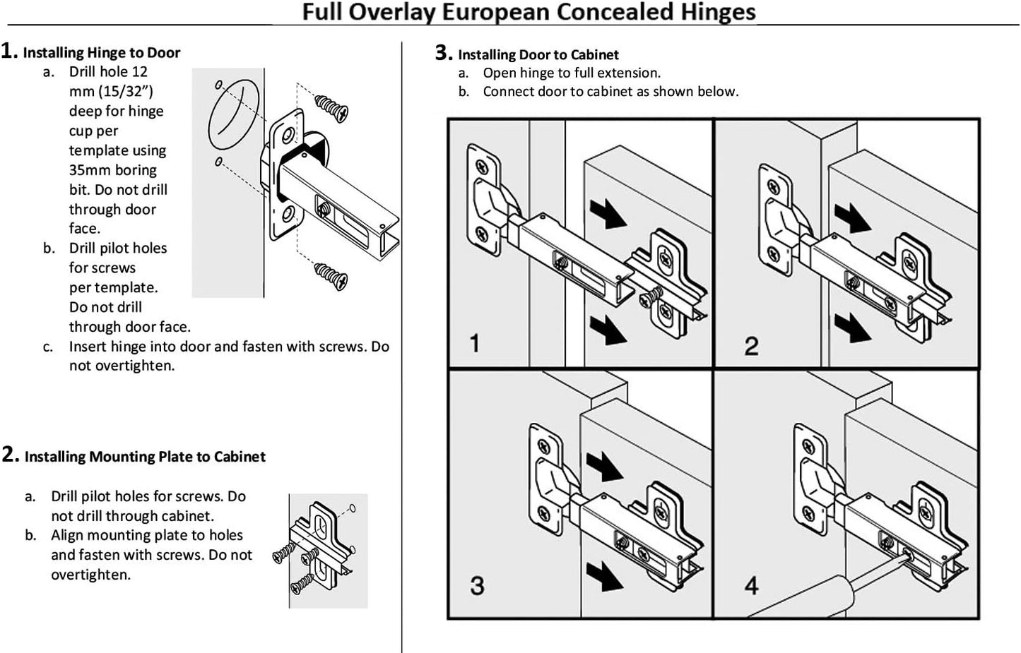 Full Overlay Frameless European Hinges with 105 Degree Opening Angle - Set of 2 Adjustable Concealed Kitchen Cabinet Door Hinges