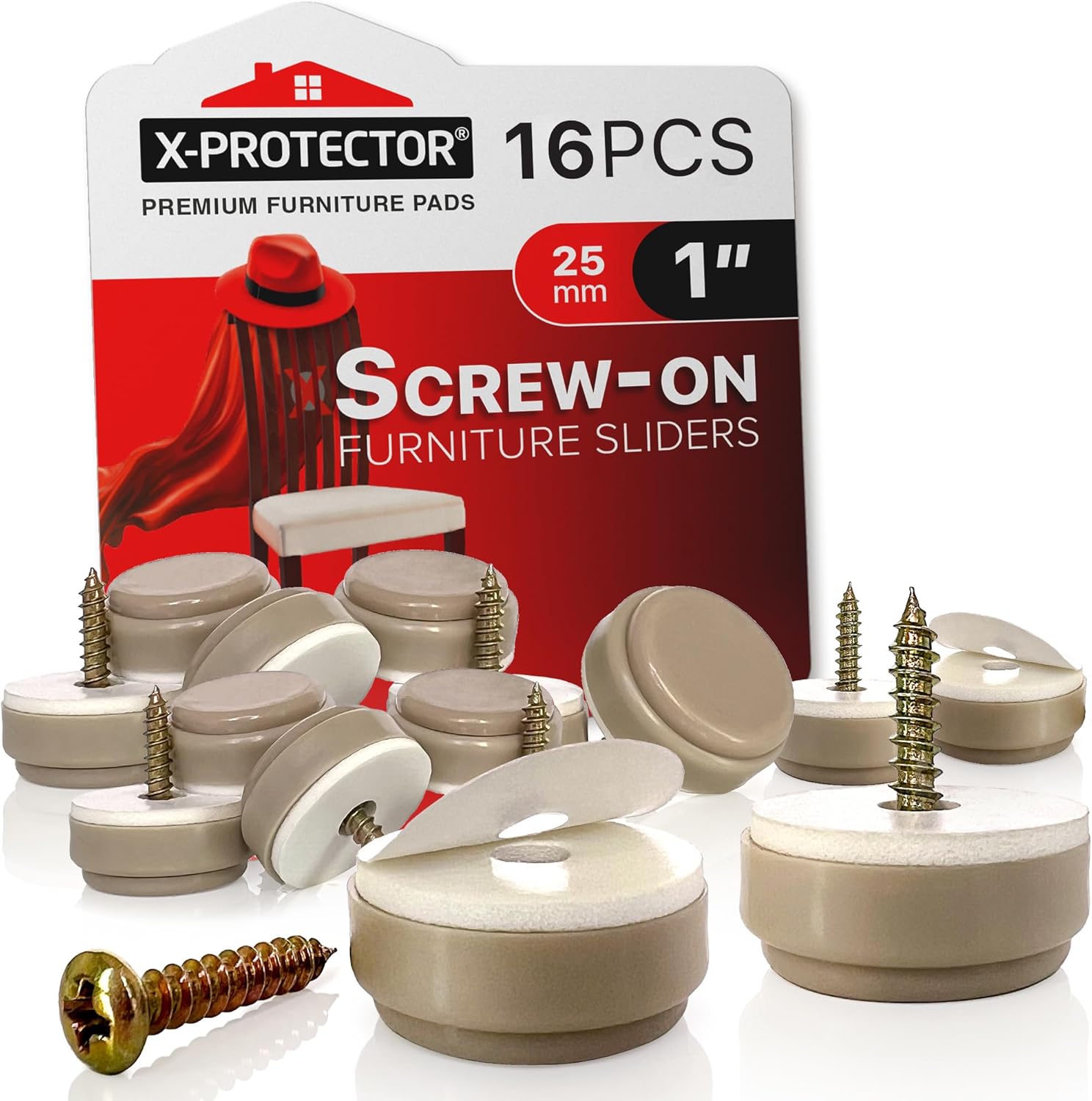 Furniture Glides X-PROTECTOR - 16 PCS 1" Chair Sliders - Screw-On Leg Protectors - Easy Furniture Movement on All Floors with Small Sliders!
