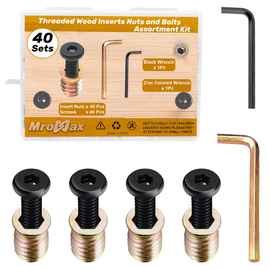 Furniture Screw Nut Threaded Inserts Set for Wood - 40 Sets 1/4-20 x 25/32" Fasteners with Hex Socket Drive and Wrench