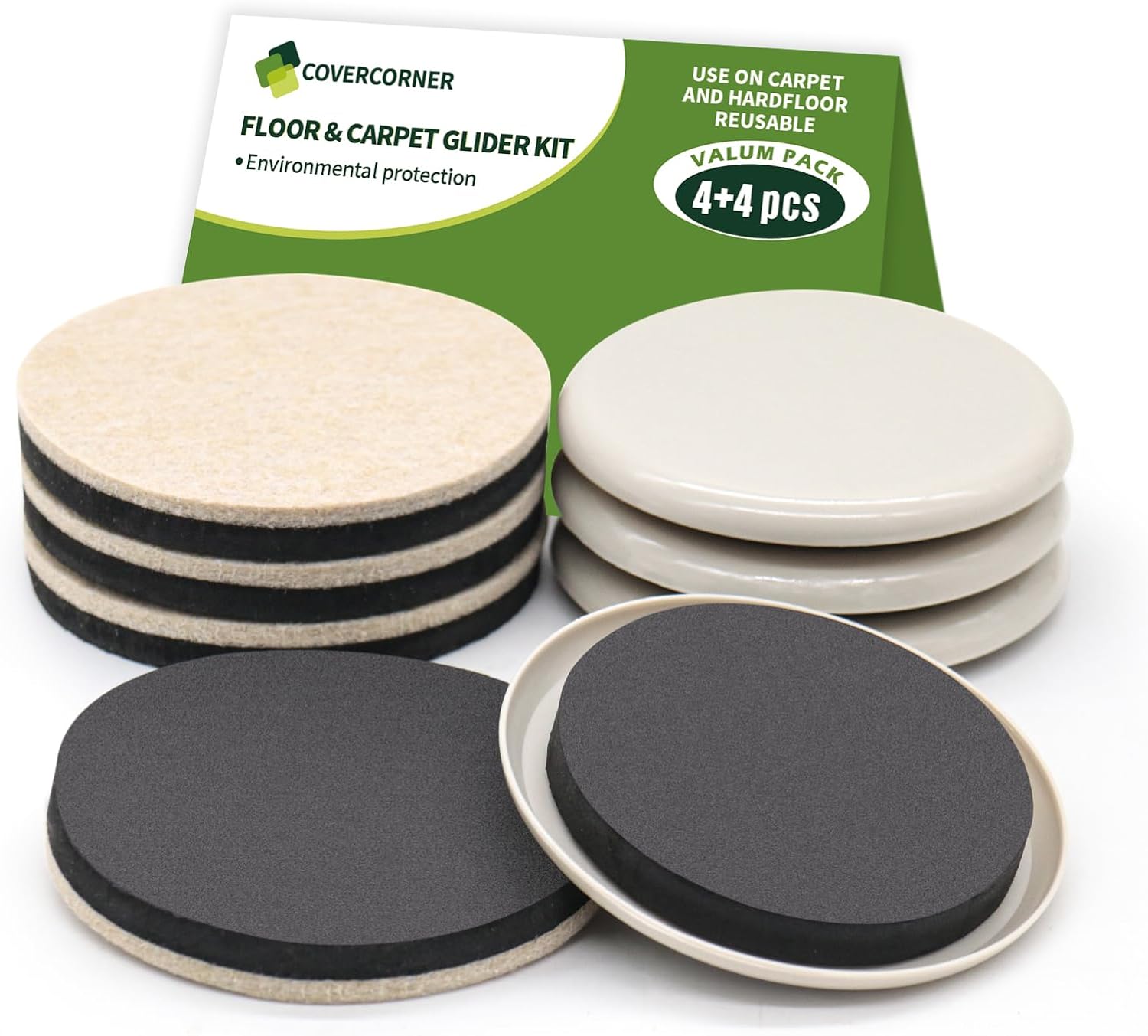 Furniture Sliders Combo Pack for Hardwood and Carpeted Floors - 8 PCS 3 1/2 inch - Easy Furniture Moving