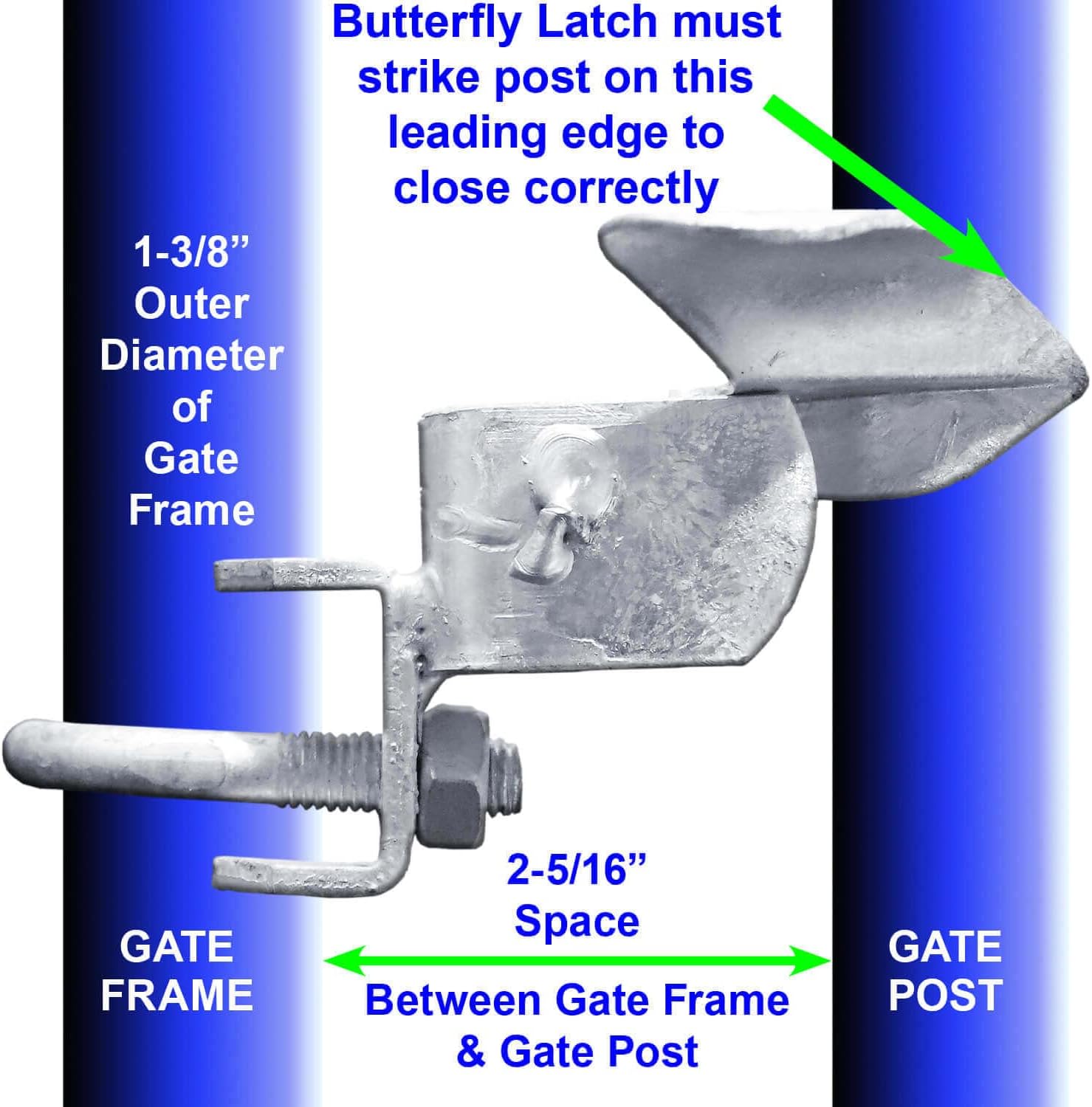 Galvanized Chain Link Fence Butterfly Gate Latch for 1-3/8" Gate Frame and 1-7/8" Gate Post - Automatic Latch with Padlock Hole - WildKart