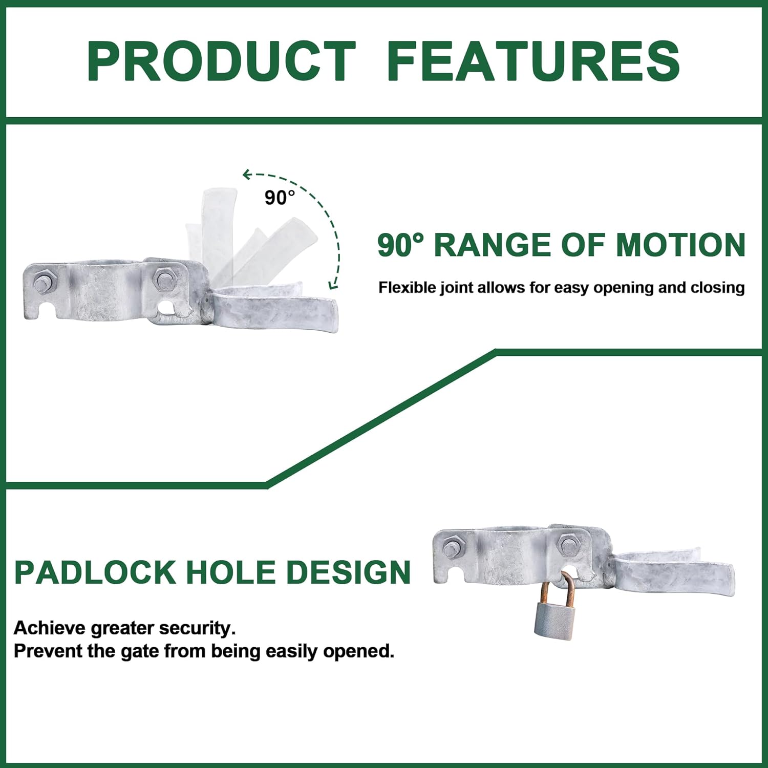 Galvanized Chain Link Fence Gate Latch with Padlock Hole - 1-3/8" x 1-3/8" - Secure Lock for Gate Frames
