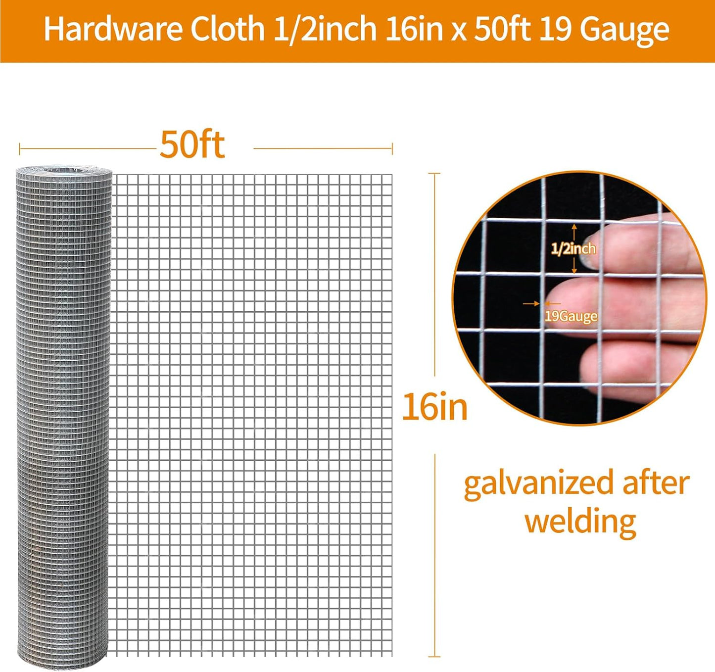 Gartist Hot-Dip Galvanized Welded Hardware Cloth,1/2inch 19Ga 16"x50' Chicken Wire Fencing, Raised Garden Bed Supports Wire Mesh Roll, Galvanized Wire Mesh Fence Prevent Snakes, Raccoons, Foxes - WildKart