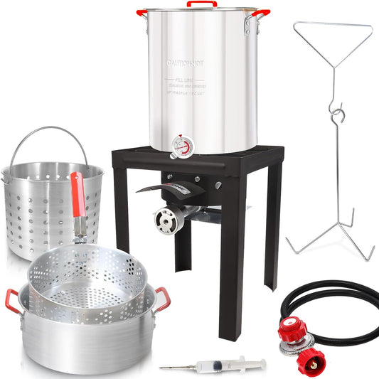 GasOne 30QT Turkey Fryer and 10QT Fish Fryer Set - Perfect Outdoor Cooker for Seafood Boil, Crawfish, Crab, Shrimp, and Lobster - Black Fryer Kit for Holiday Cooking