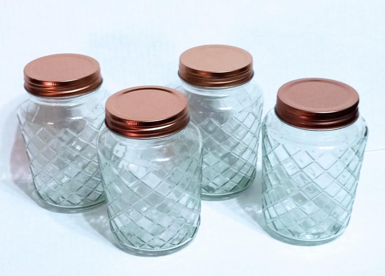 GBI JF Glass Storage Jars: 4 Styles with Metal Screw-On Lids (Lattice Pattern with Copper Metal Lids)