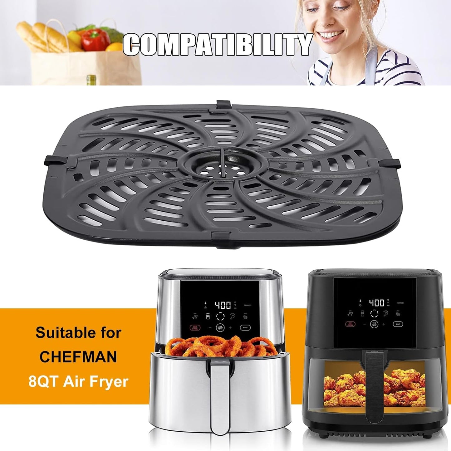 GCQ Air Fryer Grill Pan for Chefman TurboTouch Easy View Air Fryer 8 QT - Non-Stick Replacement Tray Rack with Rubber Bumpers - Dishwasher Safe