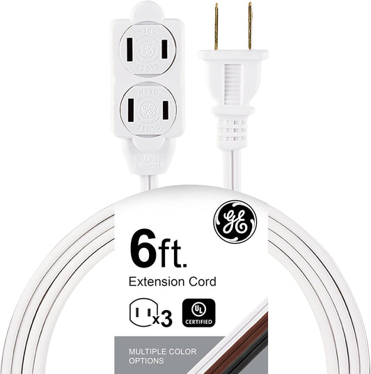 GE 3-Outlet Extension Cord with Twist-to-Close Safety Outlet Covers - 6 Ft, 16 Gauge, UL Listed Outdoor Power Strip Extension Cord White