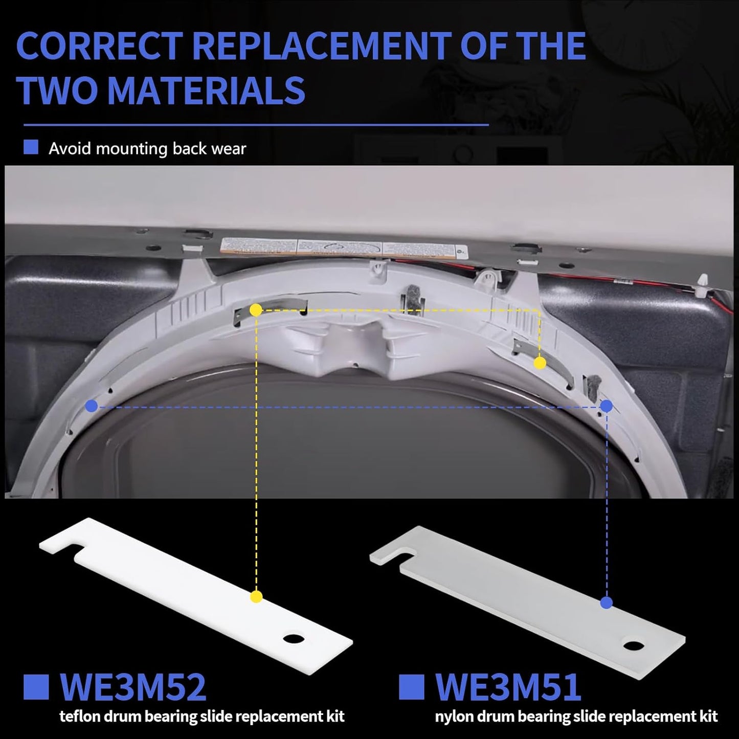 GE Dryer Parts WE3M51 WE3M52 Nylon & Teflon Drum Bearing Slide Replacement Kit - Front Bearing Kit, 4 PCS.