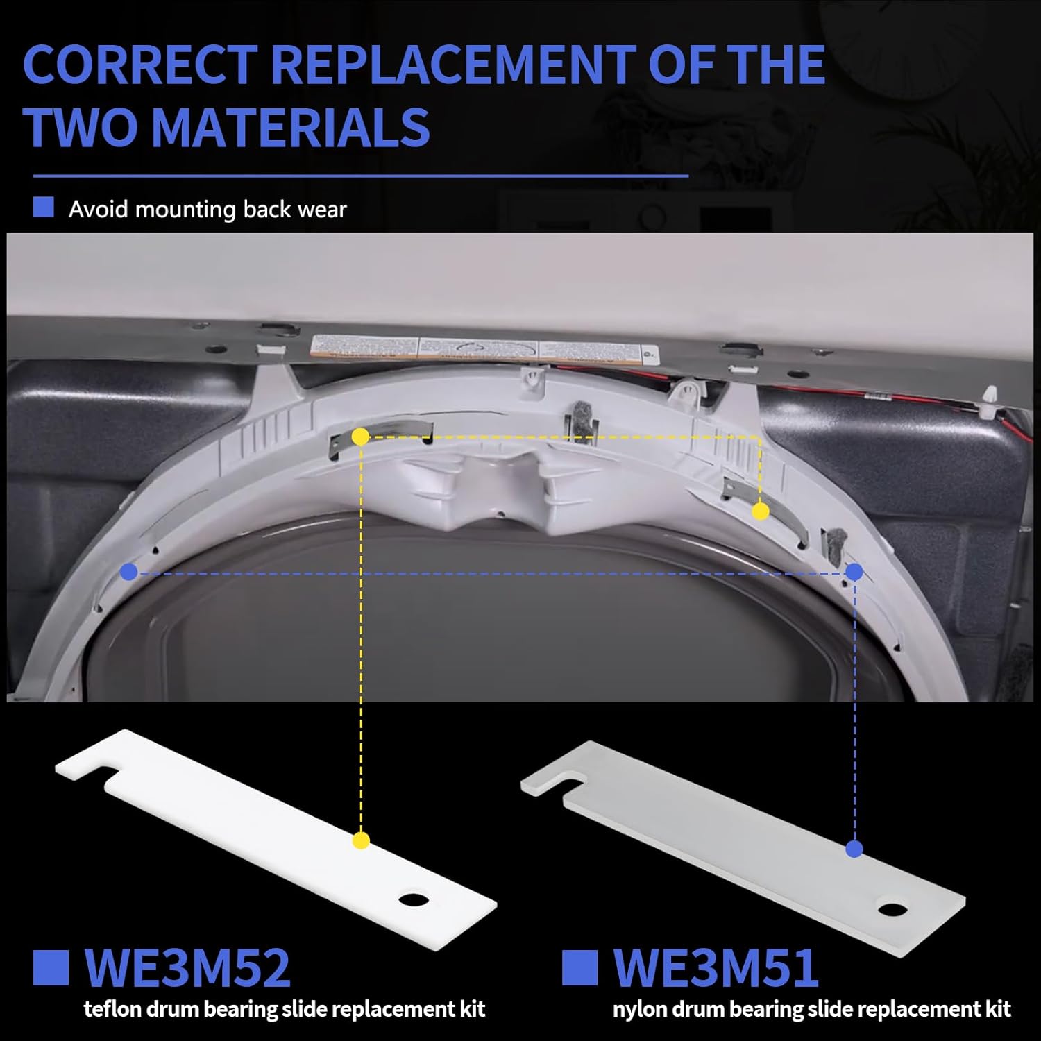 GE Dryer Parts WE3M51 WE3M52 Nylon & Teflon Drum Bearing Slide Replacement Kit - Front Bearing Kit, 4 PCS.