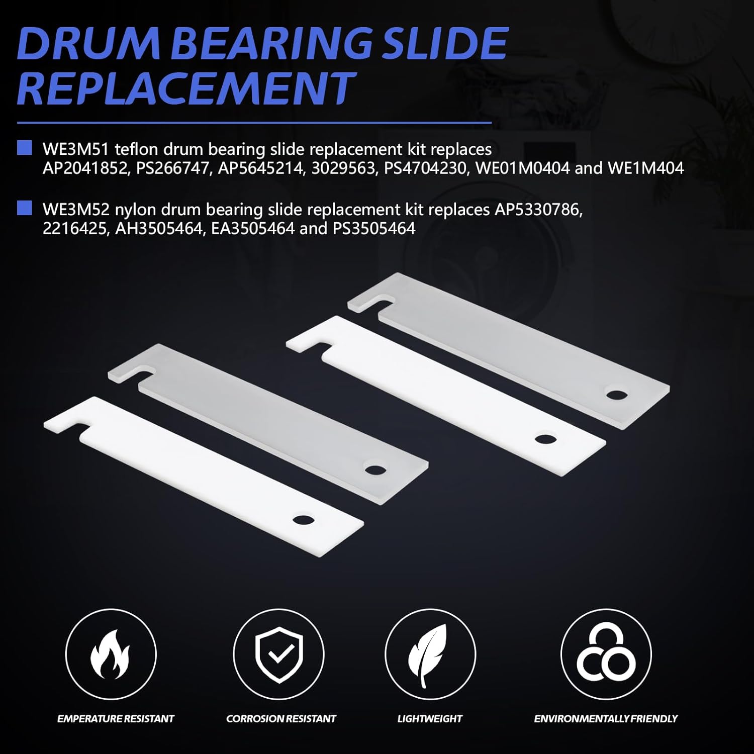 GE Dryer Parts WE3M51 WE3M52 Nylon & Teflon Drum Bearing Slide Replacement Kit - Front Bearing Kit, 4 PCS.