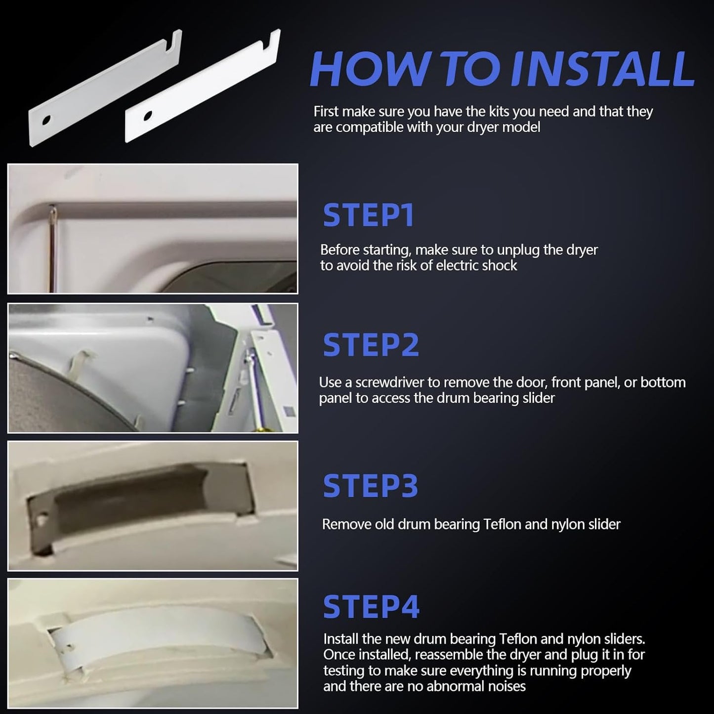 GE Dryer Parts WE3M51 WE3M52 Nylon & Teflon Drum Bearing Slide Replacement Kit - Front Bearing Kit, 4 PCS.
