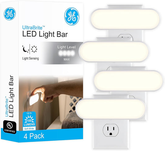 GE Ultrabrite LED Night Light Bar, 100 Lumens, 4 Pack, Dusk-to-Dawn Sensor, Auto/On/Off Switch, Plug-in, Ideal for Bedroom, Bathroom, Kitchen, Hallway, Garage - White