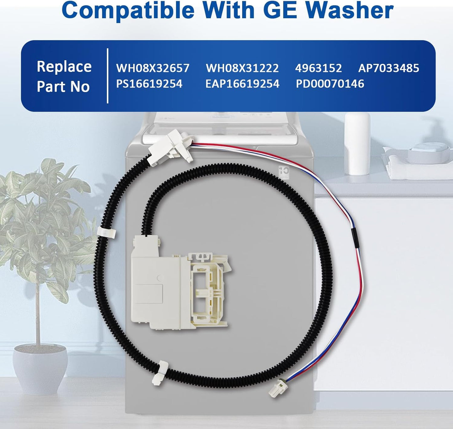 GE Washer Lid Lock and Harness Replacement Kit WH08X32657 WH08X31222 WH08X37937 - Fits Models GTW220ACK7WW GTW335ASN2WW GTW465ASN2WW GTW465ASN3WW GTW465ASN9WW HTW240ASK6WS - Replaces 4963152 AP7033485 PD00070146