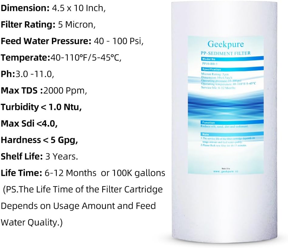 Geekpure 10" PP Sediment Filter Cartridge for Whole House Water Filtration System - 5 Micron - 4.5" x 10