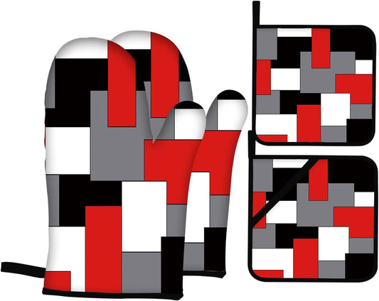 Geometric Red Black Grey White Oven Mitts and Pot Holders Set of 4 for Kitchen Baking Cooking Grilling
