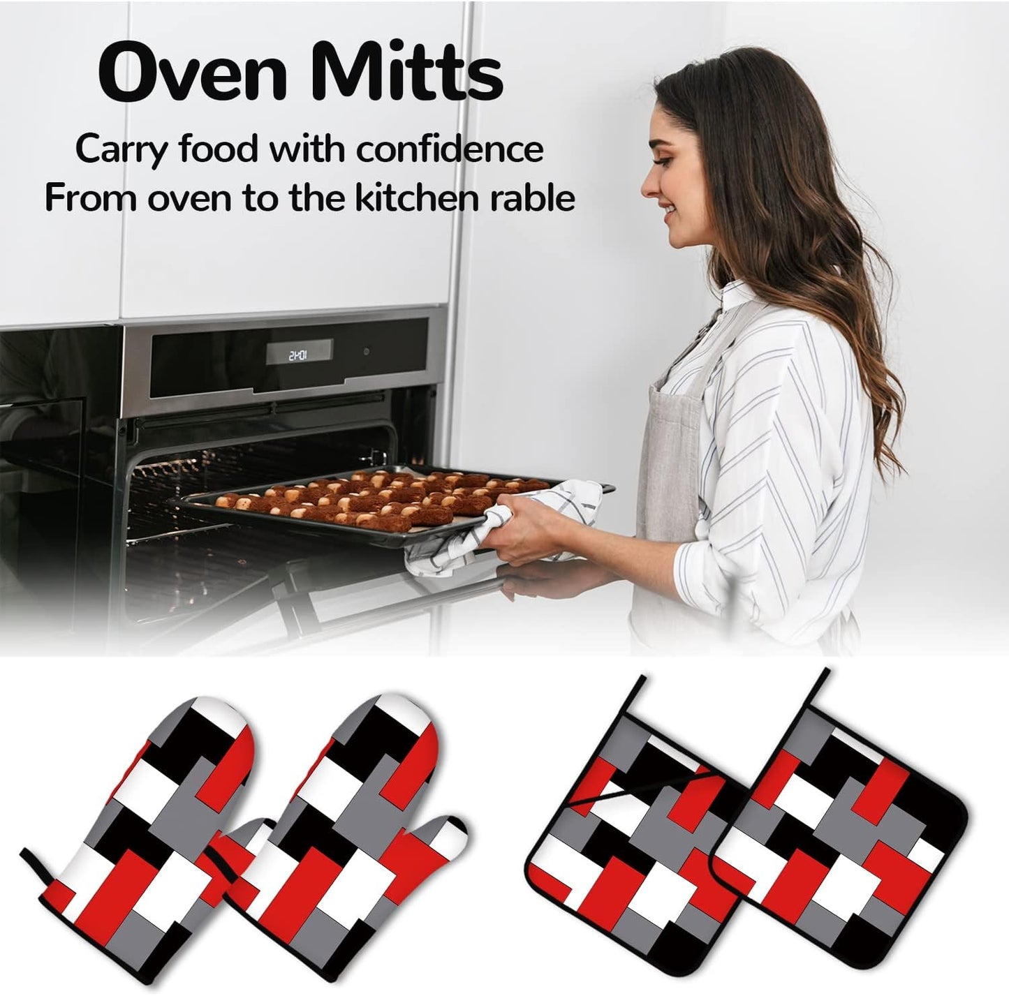 Geometric Red Black Grey White Oven Mitts and Pot Holders Set of 4 for Kitchen Baking Cooking Grilling