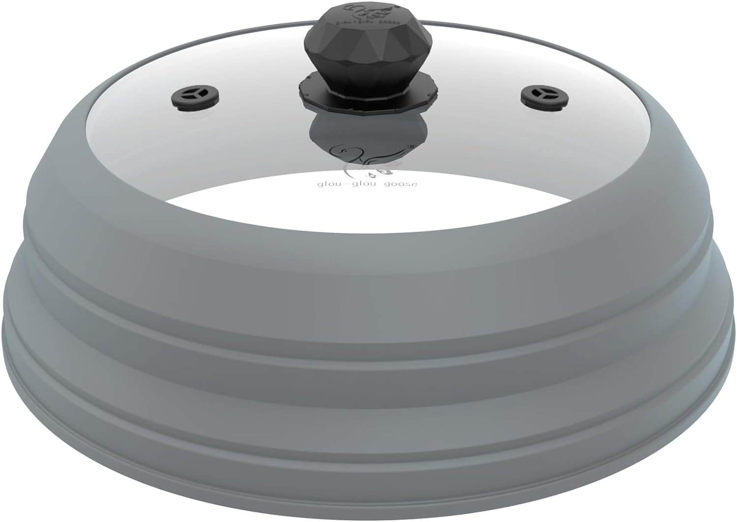 GGG Glou-Glou Goose Vented Glass Microwave Splatter Guard Lid with Collapsible Silicone Handle - 10.5 inch Light Grey Cover for Plates and Bowls