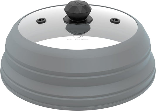 GGG Glou-Glou Goose Vented Glass Microwave Splatter Guard Lid with Collapsible Silicone Handle - 10.5 inch Light Grey Cover for Plates and Bowls