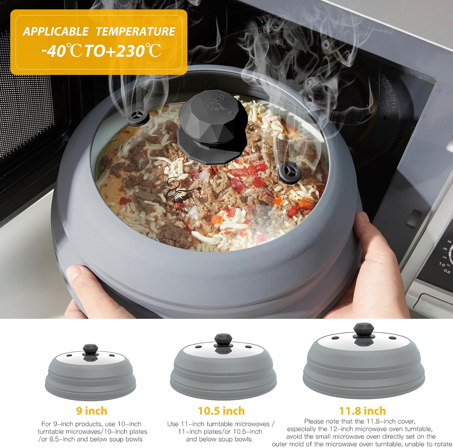 GGG Glou-Glou Goose Vented Glass Microwave Splatter Guard Lid with Collapsible Silicone Handle - 10.5 inch Light Grey Cover for Plates and Bowls