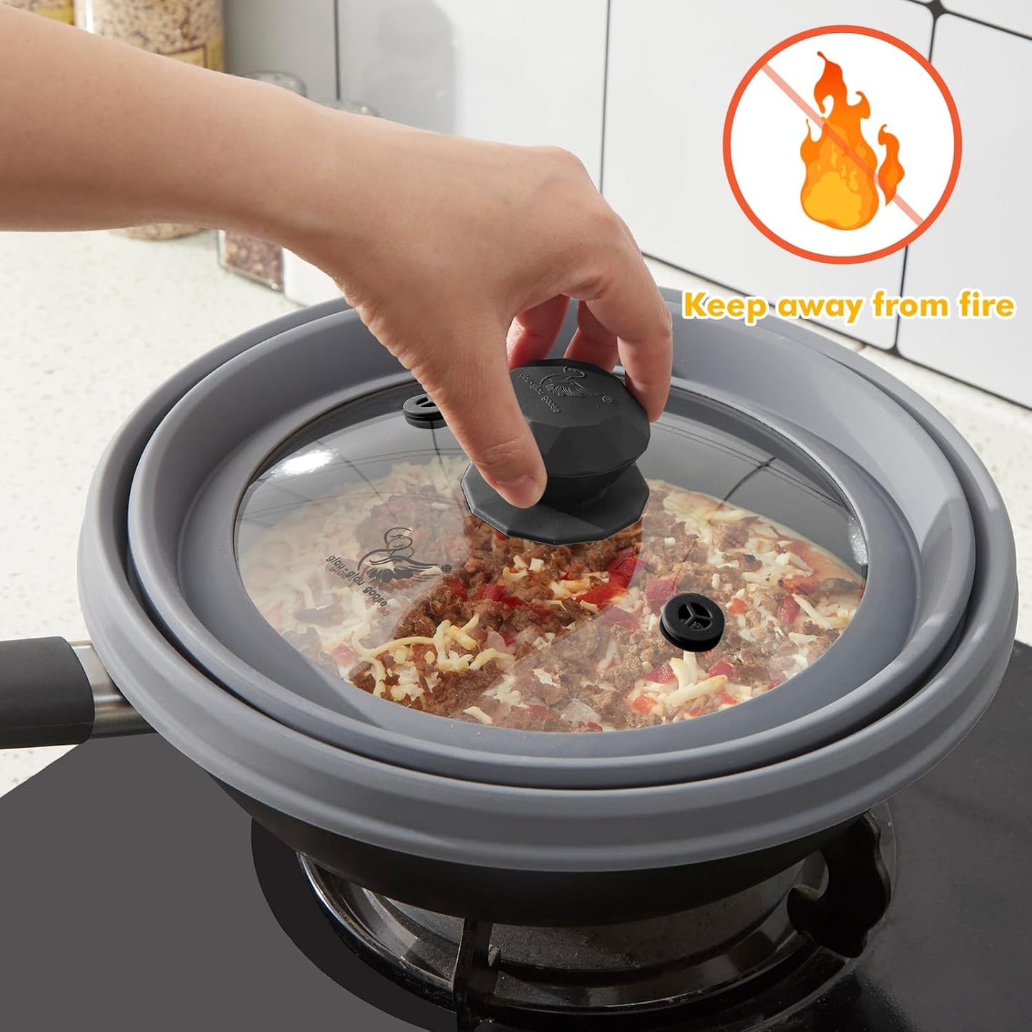 GGG Glou-Glou Goose Vented Glass Microwave Splatter Guard Lid with Collapsible Silicone Handle - 10.5 inch Light Grey Cover for Plates and Bowls