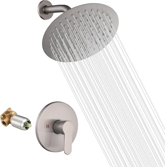 GGStudy Brushed Nickel Shower Faucet Set with Single Function Trim Kit and Rough-in Valve - 8inch Round Stainless Steel Metal Shower Head for Rainfall Bath Experience