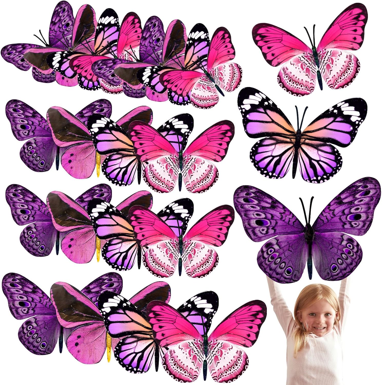 Giant 3D Butterfly Wall Stickers for Party Decor - Set of 20 Paper Butterflies in Purple and Rose Red - Ideal for Birthdays, Baby Showers, and Nurseries