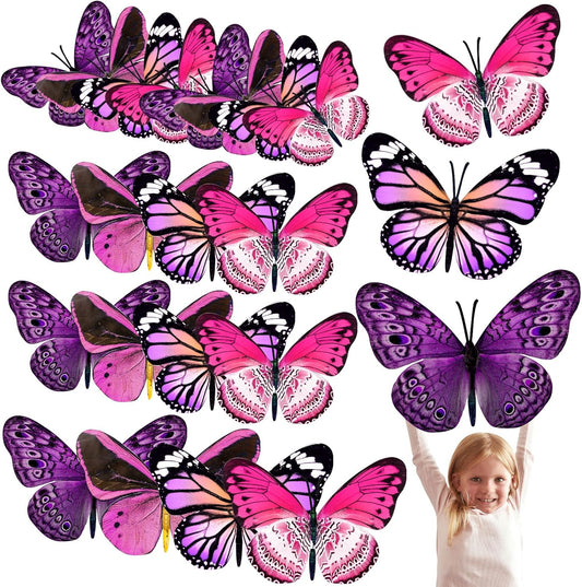 Giant 3D Butterfly Wall Stickers for Party Decor - Set of 20 Paper Butterflies in Purple and Rose Red - Ideal for Birthdays, Baby Showers, and Nurseries