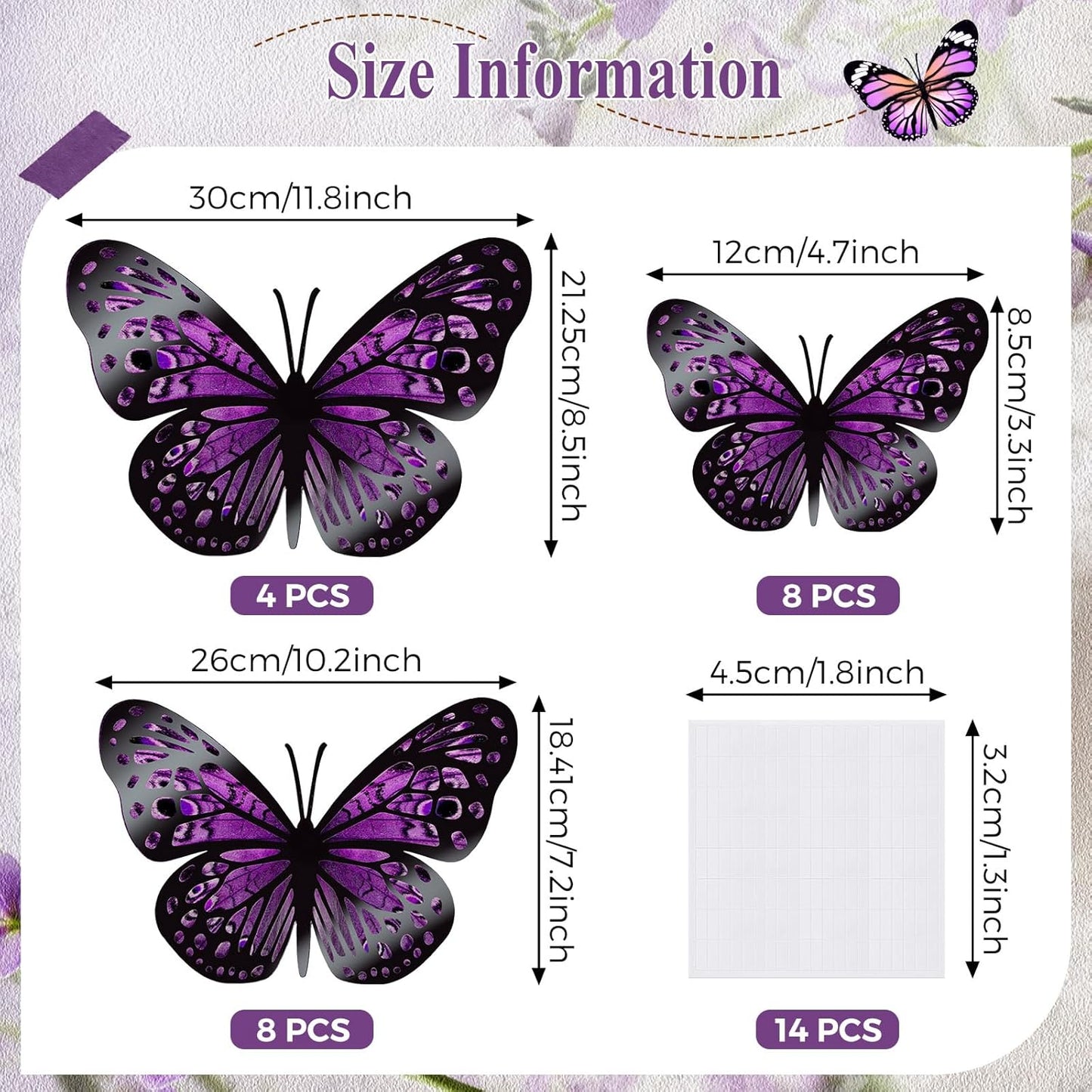 Giant 3D Butterfly Wall Stickers for Party Decor - Set of 20 Paper Butterflies in Purple and Rose Red - Ideal for Birthdays, Baby Showers, and Nurseries