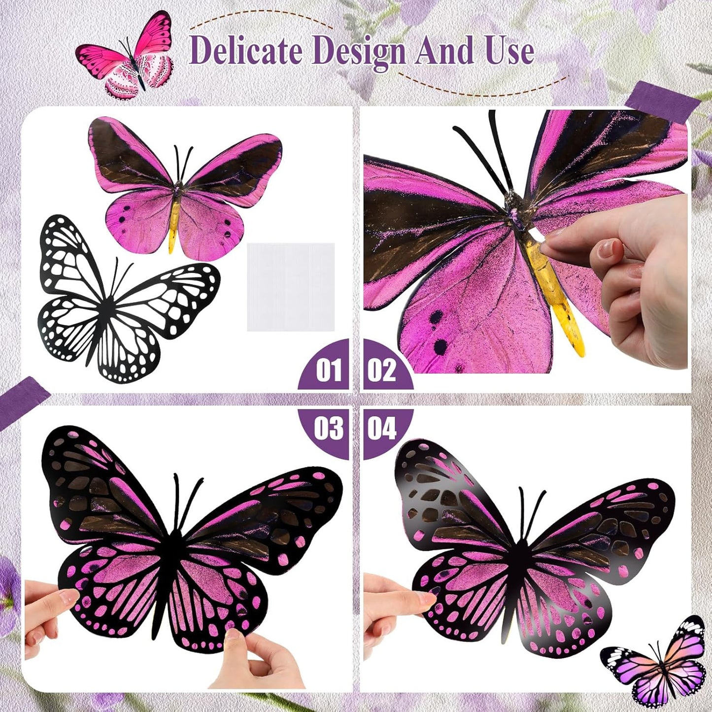 Giant 3D Butterfly Wall Stickers for Party Decor - Set of 20 Paper Butterflies in Purple and Rose Red - Ideal for Birthdays, Baby Showers, and Nurseries